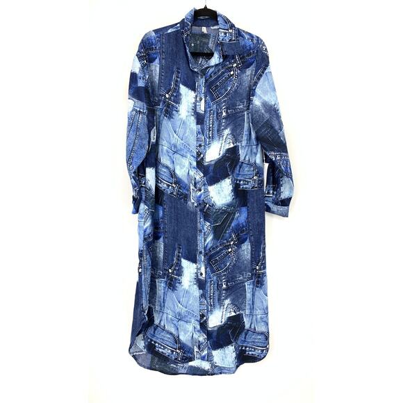 Live 4 Truth Midi Dress Womens Size L Long Sleeve Denim Jean Abstract Print NEW - Picture 1 of 6